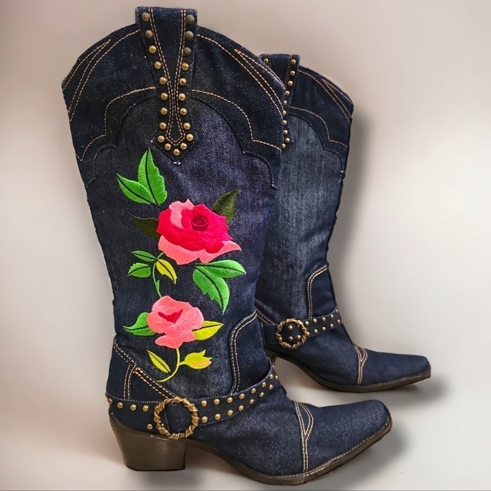 J Renee Denim Floral Embroidered Dakota Cowgirl Boots - Size 8M